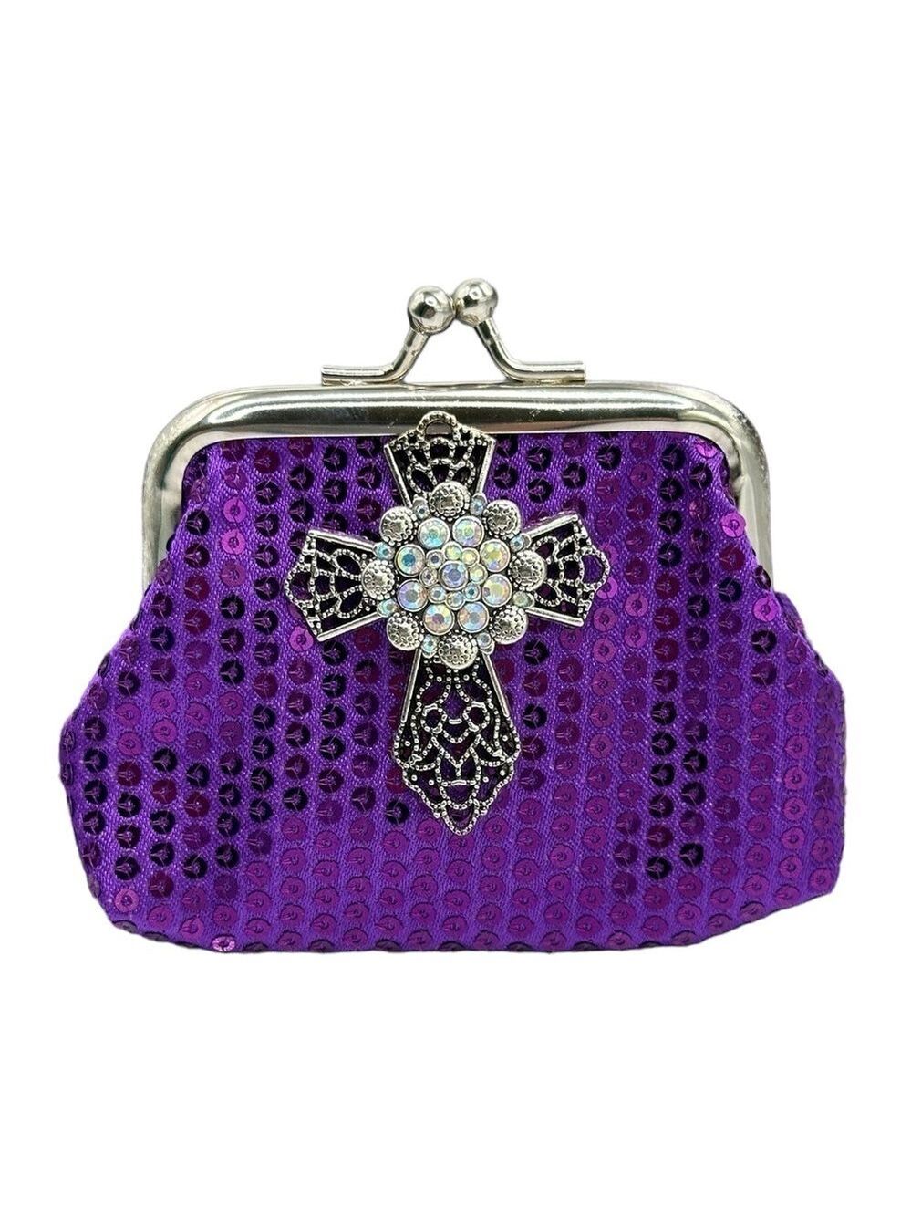 Purple Sequin Change Purse w/ Silver Cross & 18mm Sparkling Snap Button!